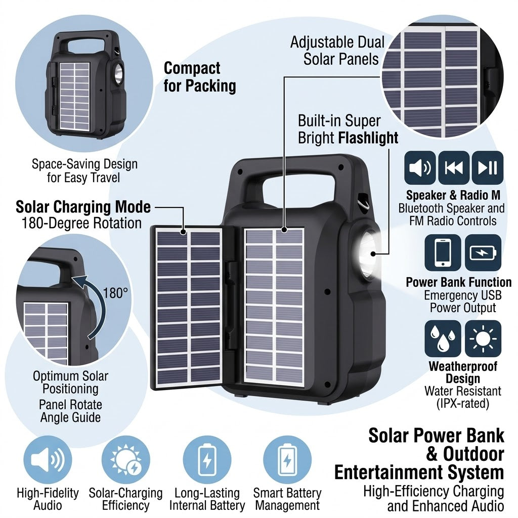 Portable Wireless Solar Speaker with LED Flashlight