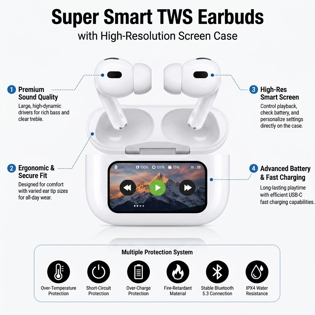 Smart Touch Screen Wireless Earbuds (TWS)