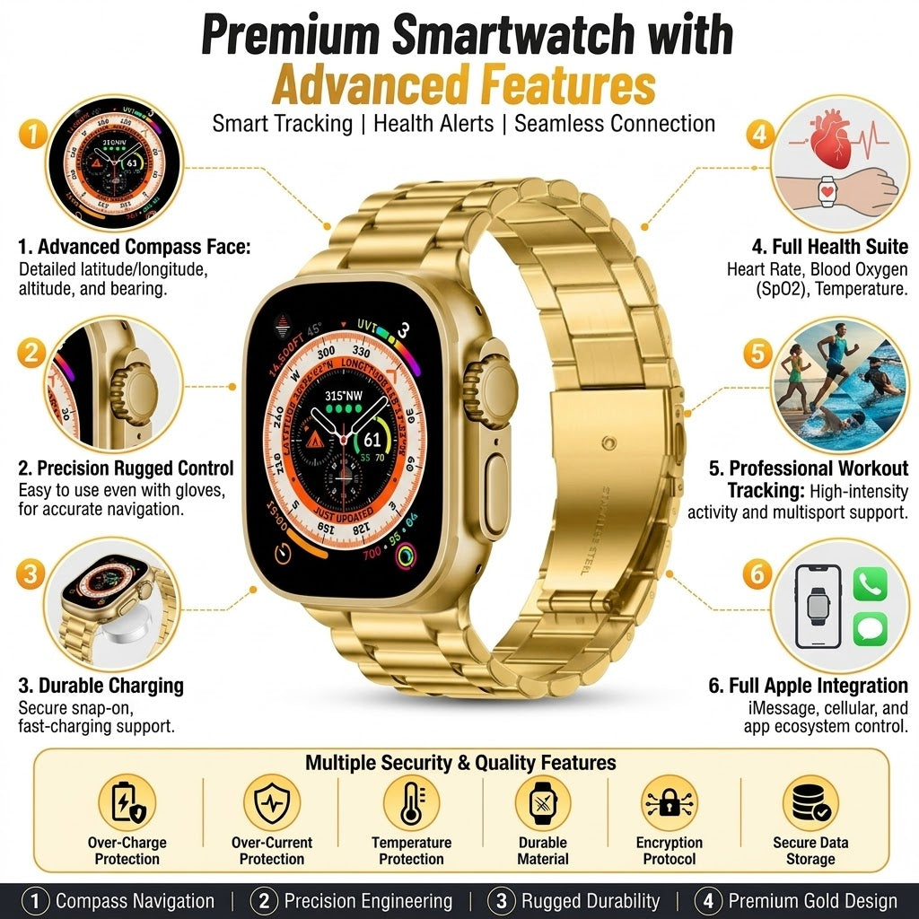 Gold Smartwatch Ultra (Luxury Edition with Stainless Steel Link Bracelet)