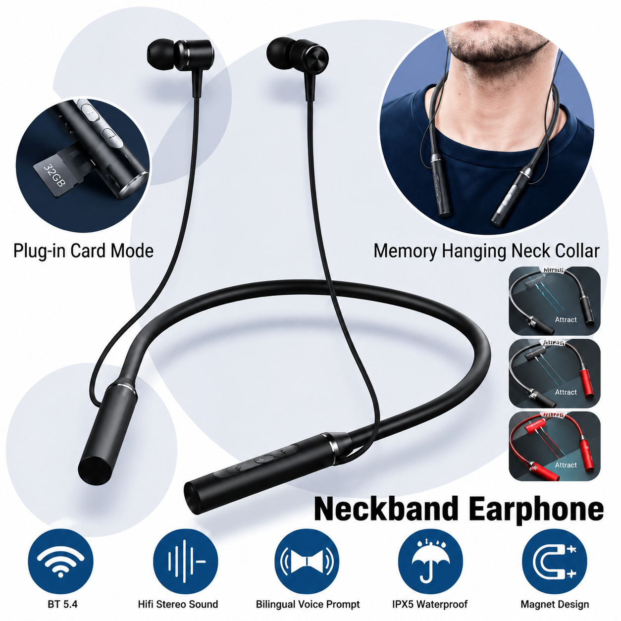 HE05 Neckband Wireless Bluetooth Sports Earphones with Magnetic Earbuds